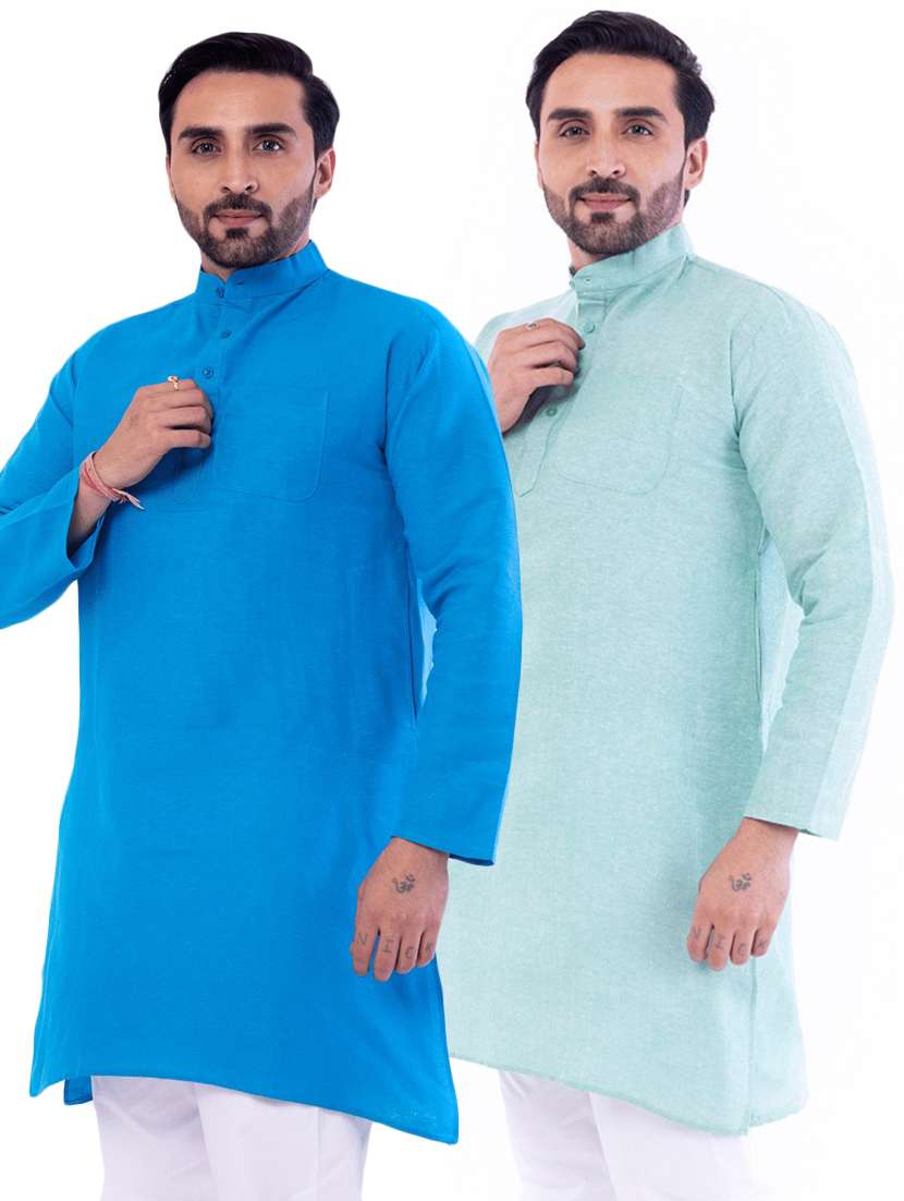 men pack of 2 solid mandarin neck kurta