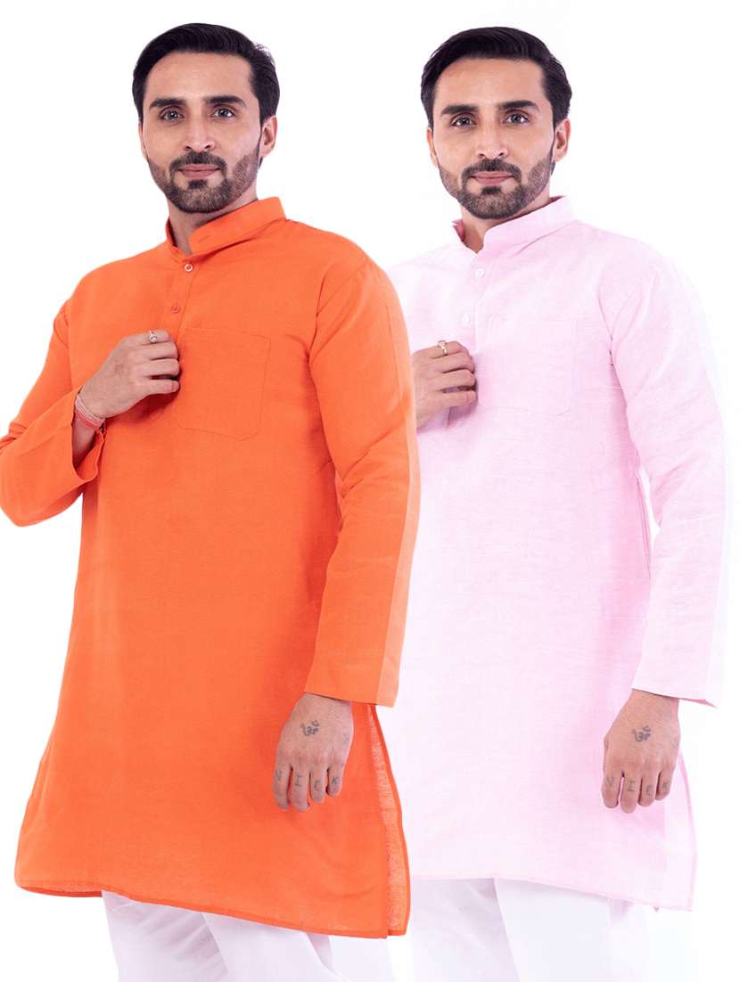 men pack of 2 solid mandarin neck kurtav