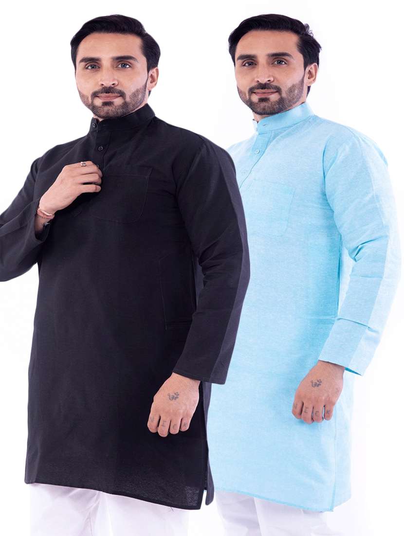 men pack of 2 solid mandarin neck kurta