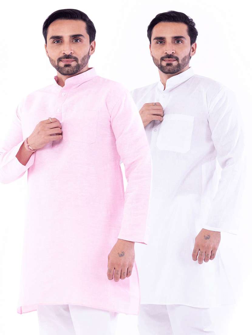 men pack of 2 solid mandarin neck kurta