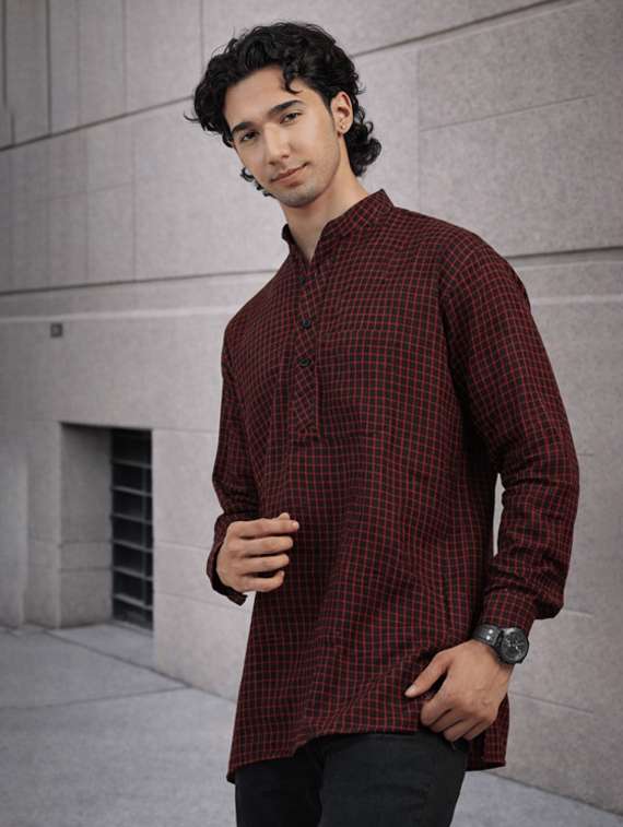 men checkered mandarin neck short kurta