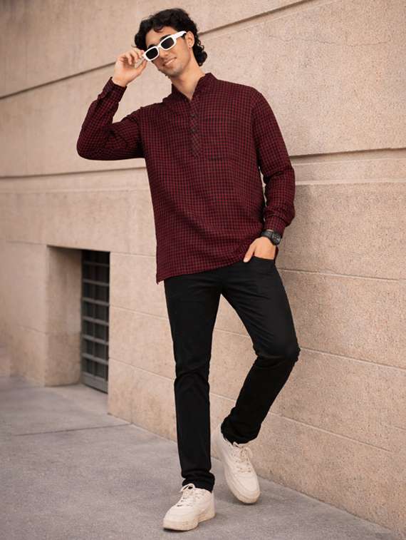 men checkered mandarin neck short kurta - 22589622 -  Standard Image - 3