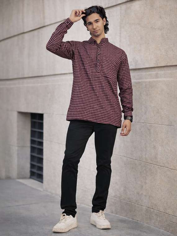 men checkered mandarin neck short kurta - 22589626 -  Standard Image - 3
