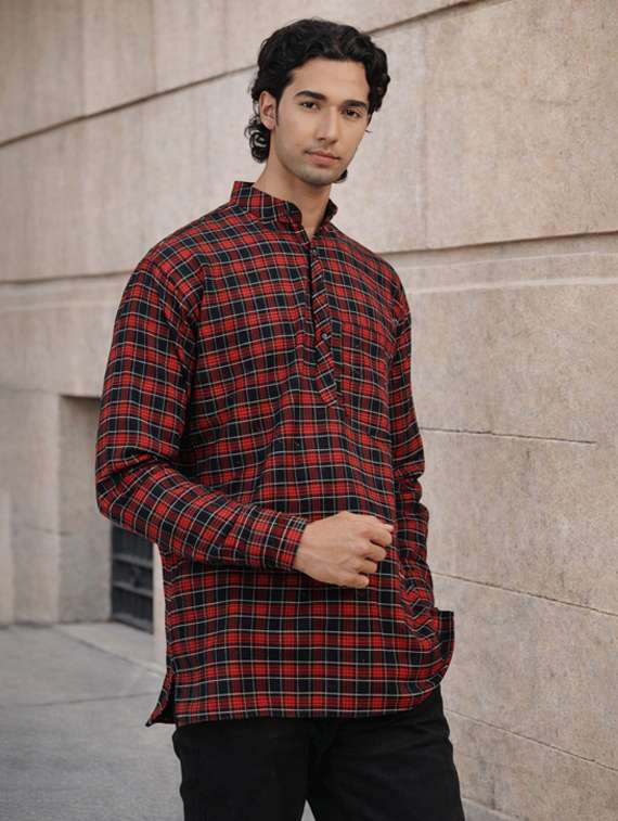 men checkered mandarin neck short kurta