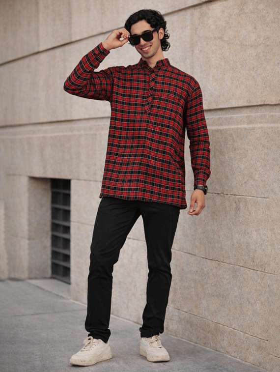 men checkered mandarin neck short kurta - 22589627 -  Standard Image - 3