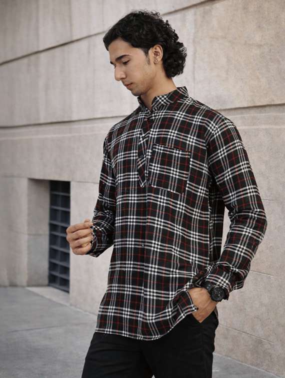 men checkered mandarin neck short kurta