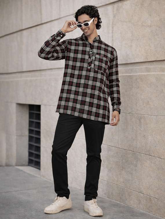 men checkered mandarin neck short kurta - 22589628 -  Standard Image - 3