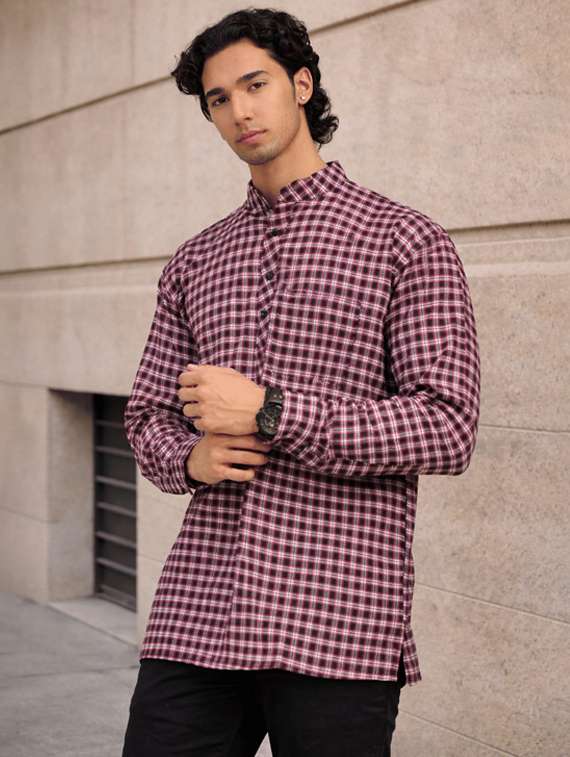 men checkered mandarin neck short kurta