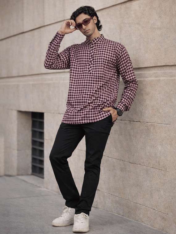 men checkered mandarin neck short kurta - 22589629 -  Standard Image - 3