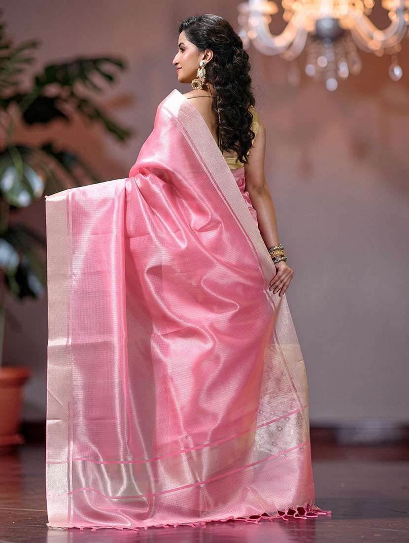 women solid with bordered handloom saree with blouse - 22589684 -  Standard Image - 3