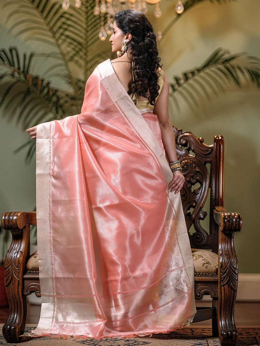 women solid with bordered handloom saree with blouse - 22589685 -  Standard Image - 3