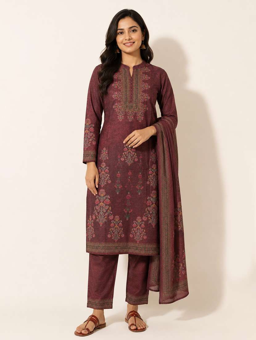 women printed long sleeves kurta pant set with dupatta