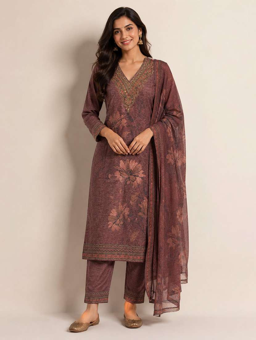 women printed long sleeves kurta pant set with dupatta