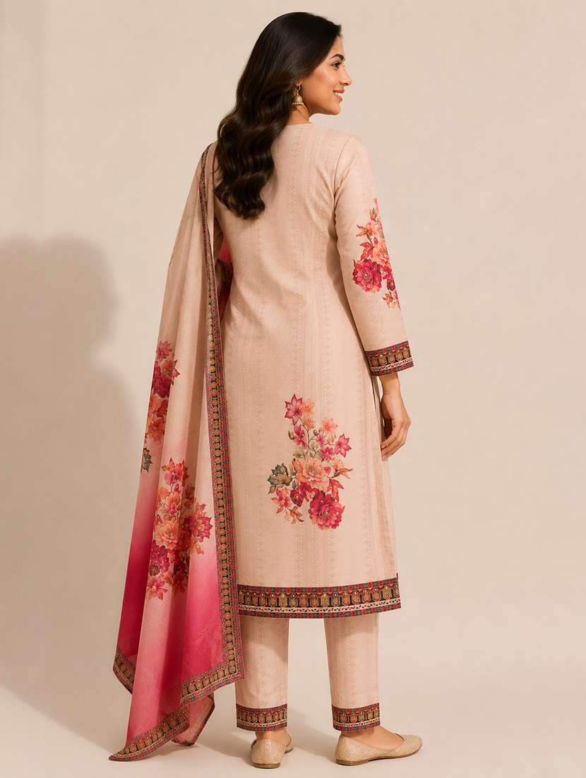women printed three quarter sleeves kurta pant set with dupatta - 22589867 -  Standard Image - 3