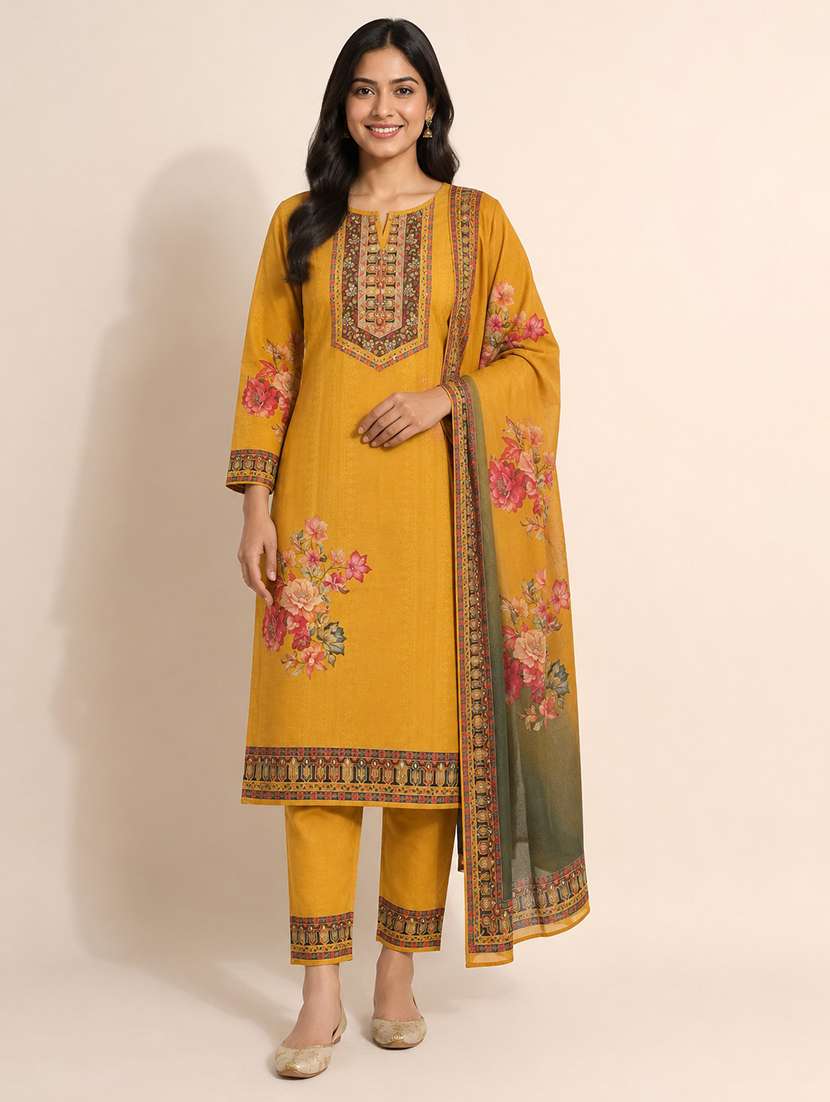 women printed long sleeves kurta pant set with dupatta