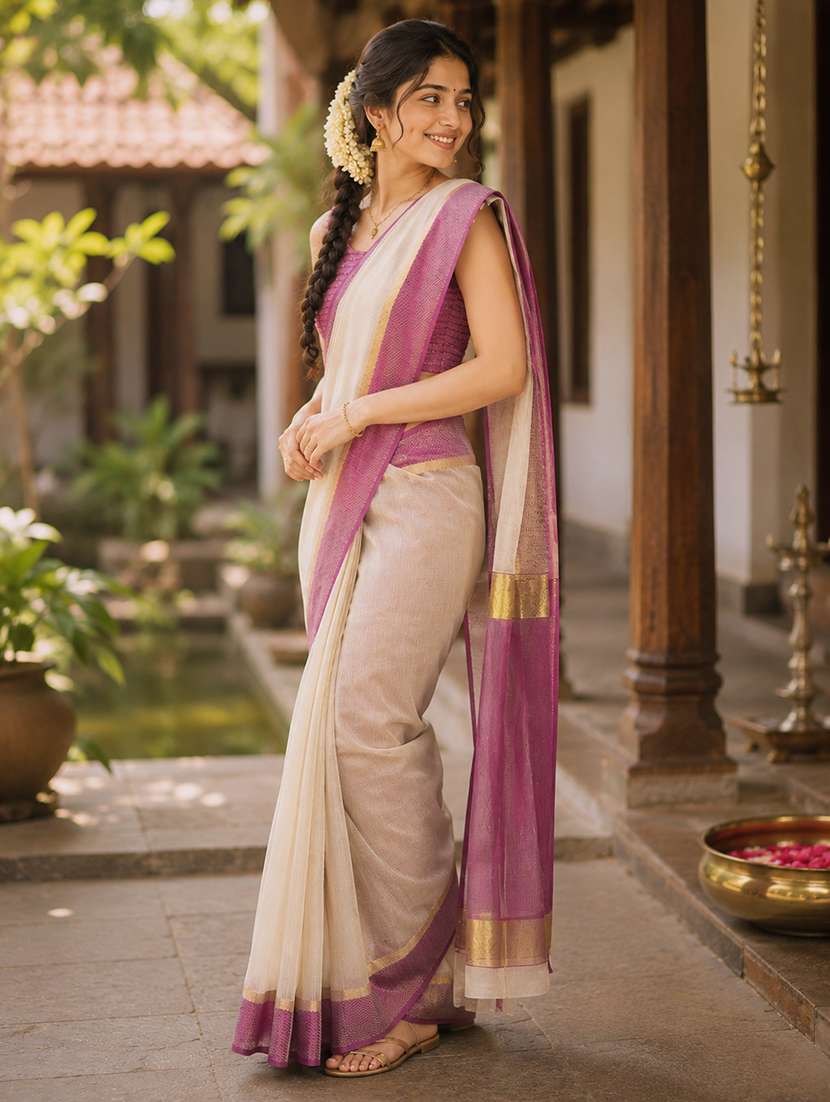 women solid with bordered saree with blouse - 22589870 -  Standard Image - 3