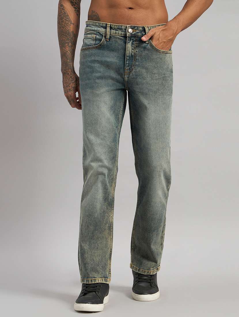 men washed mid rise full length straight jeans