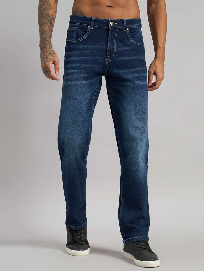 men washed mid rise full length straight jeans