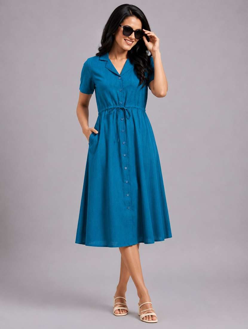 women solid short sleeves a-line dress - 22589945 -  Standard Image - 5