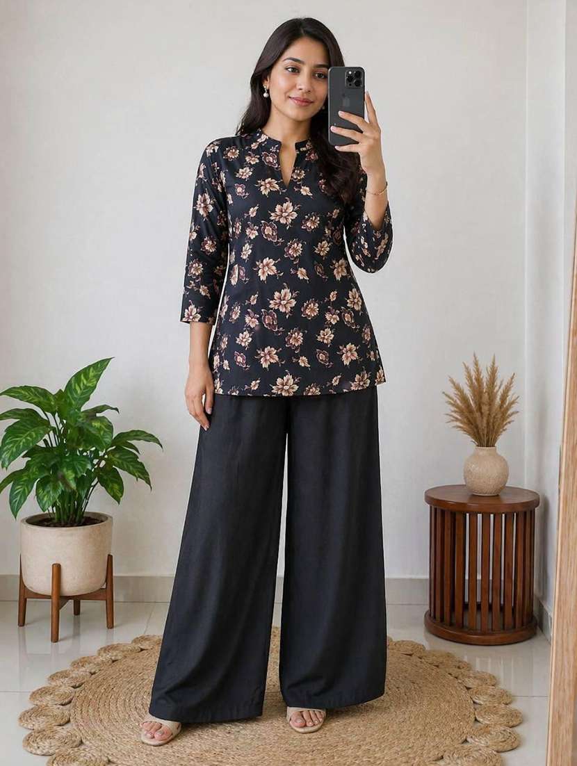 women printed three quarter sleeve ethnic co-ord set