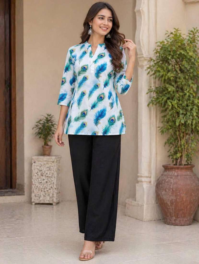 women printed three quarter sleeve ethnic co-ord set