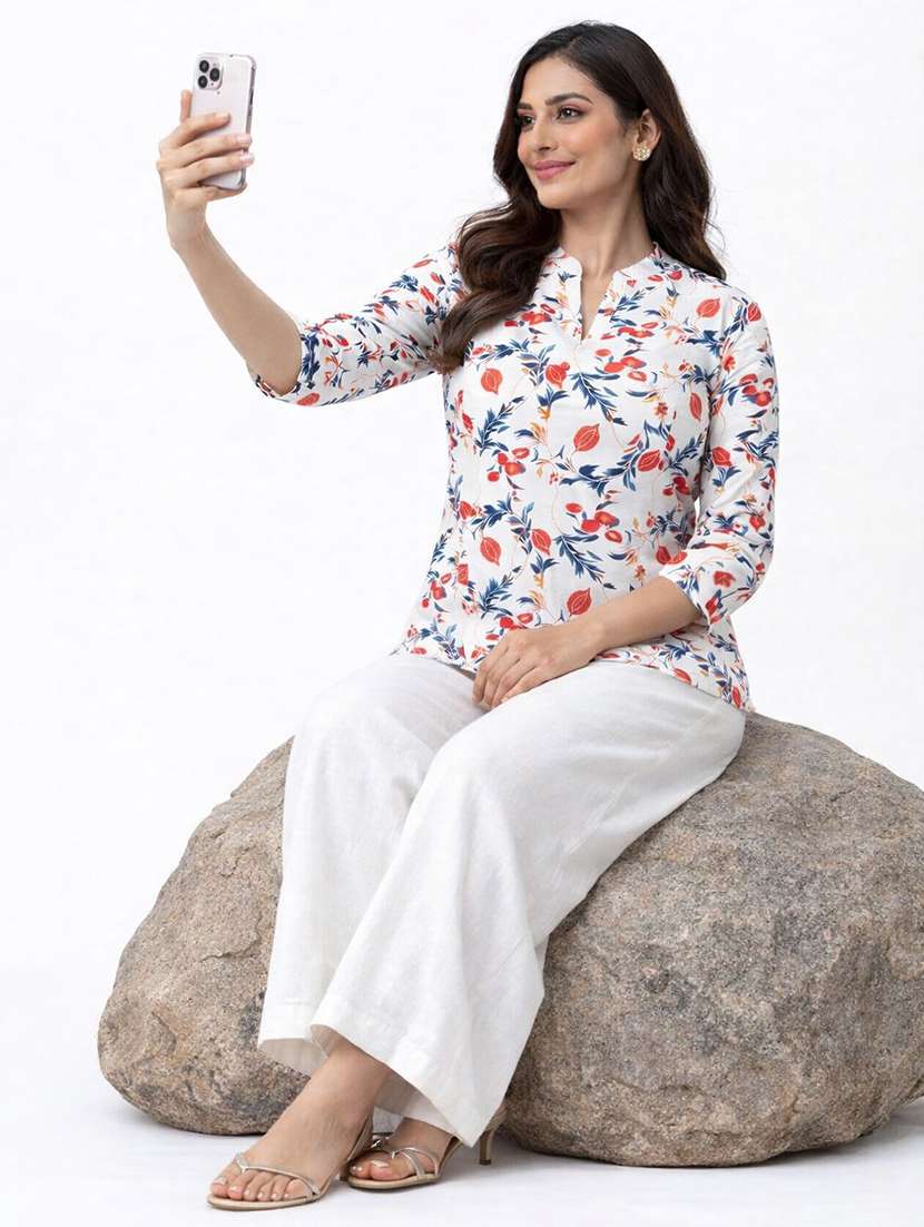 women printed three quarter sleeve ethnic co-ord set