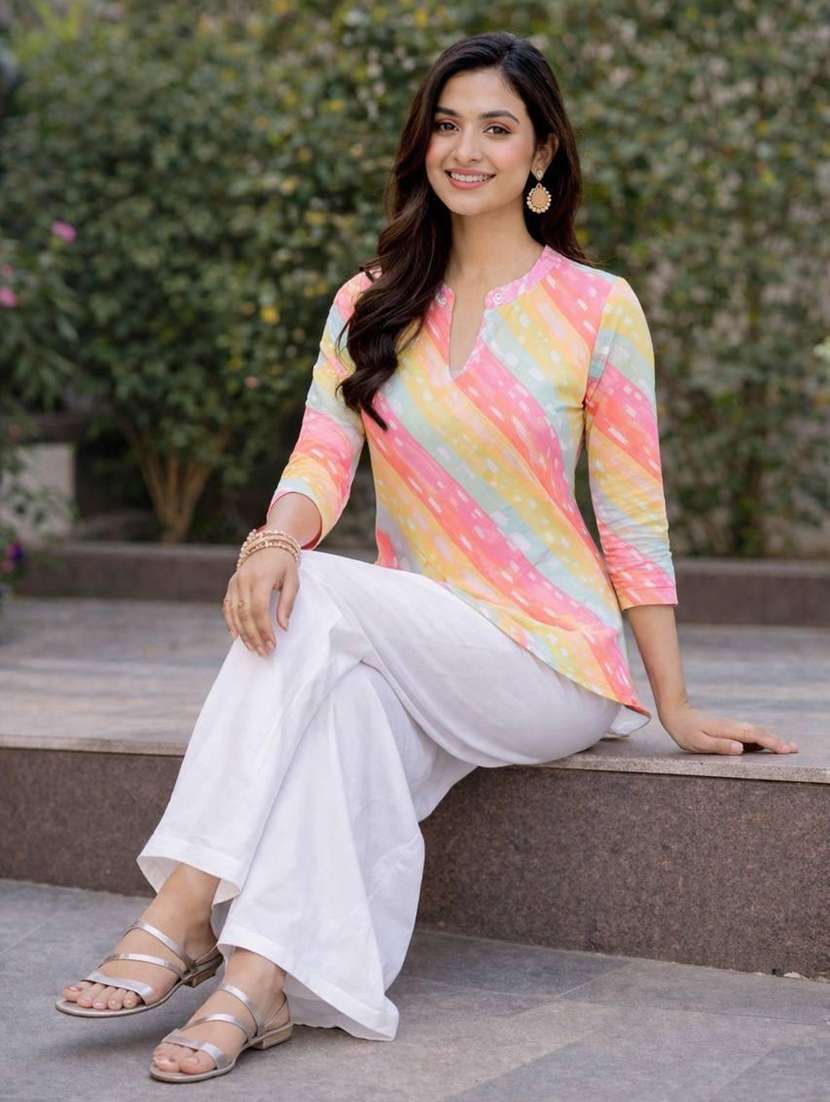 women printed three quarter sleeve ethnic co-ord set