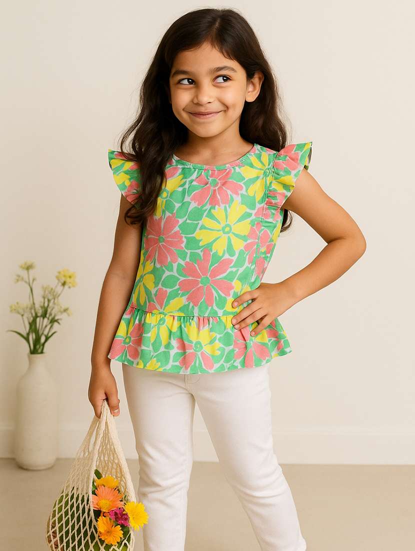 girls printed ruffle sleeves regular top
