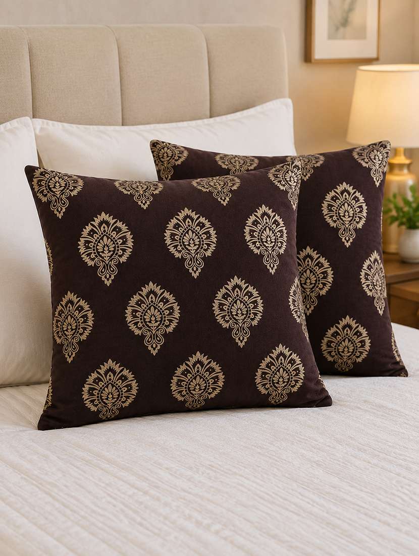 set of 2 decorative throw pillow cover, brown with damask pattern, silver medallion print 16x16 inh
