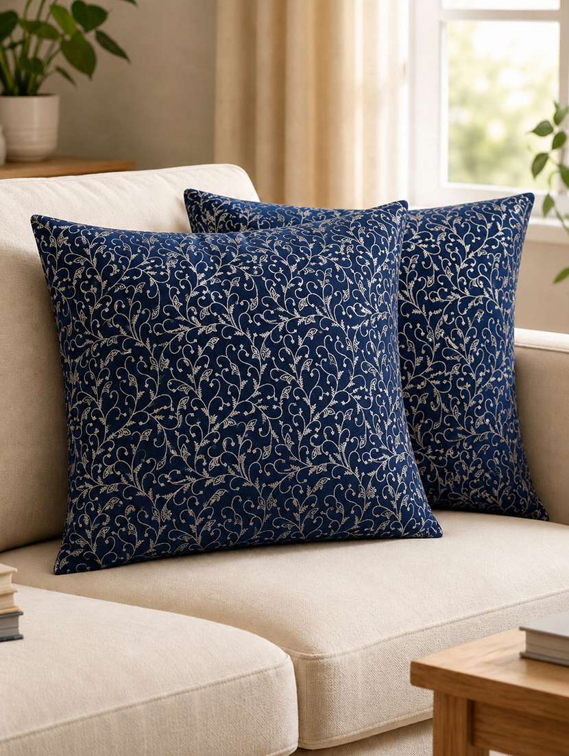 set of 2 decorative throw pillow cover, navy blue with silver floral pattern 16x16inh