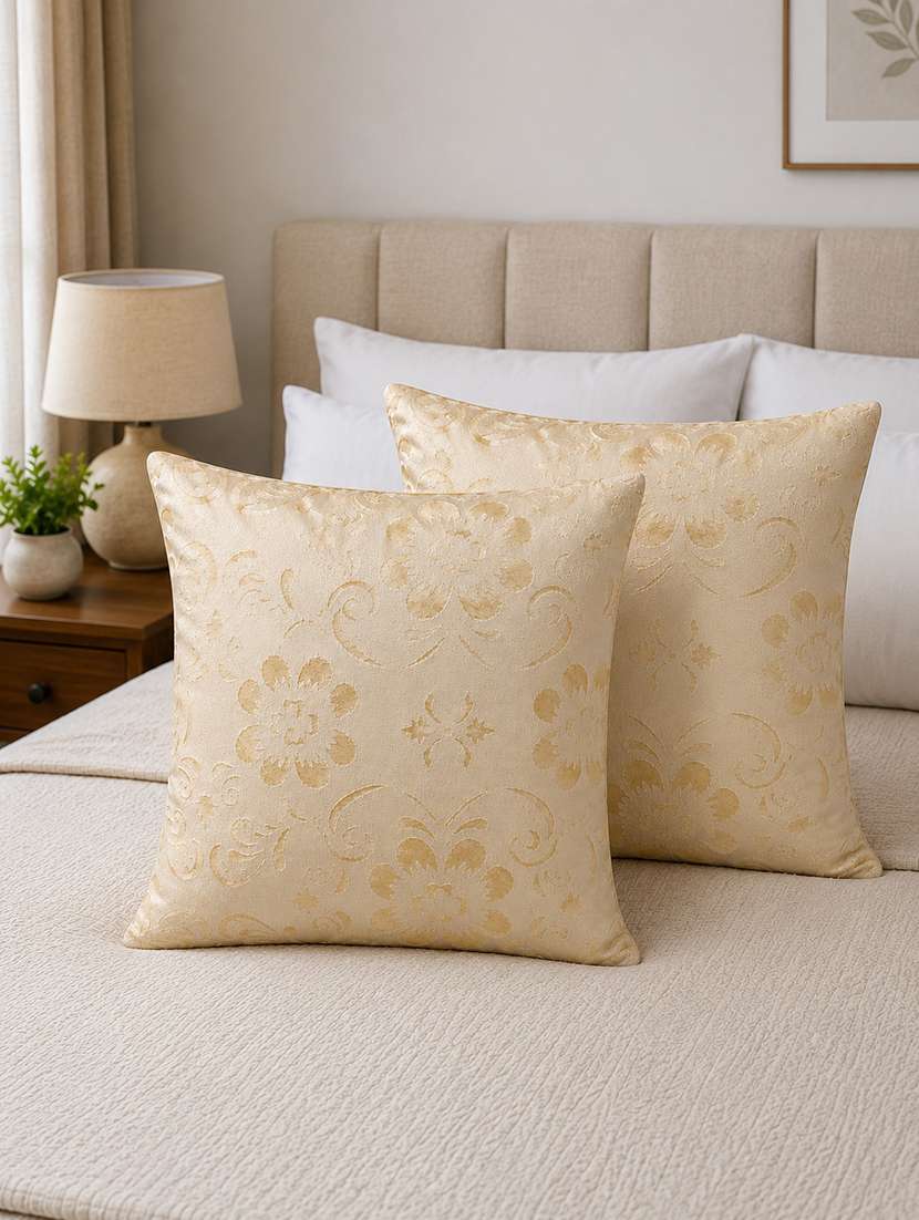 set of 2 decorative throw pillow cover, floral embossed pattern, champagne gold, satin finish 16x16 inh