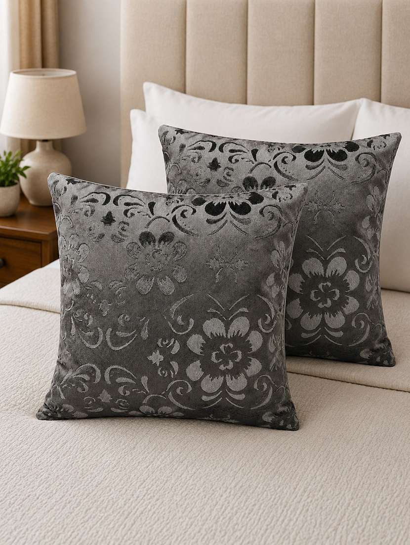 set of 2 decorative throw pillow cover, floral embossed pattern, champagne gold, satin finish 16x16 inh