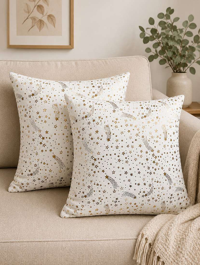 set of 2 decorative throw pillow cover, white with gold star pattern, moon design 16x16inh