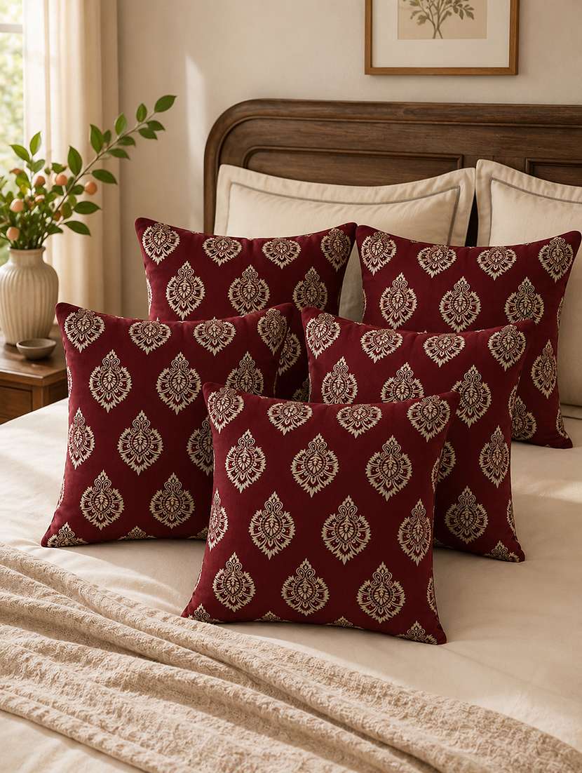 set of 5 decorative throw pillow cover, brown with damask pattern, silver medallion print 16x16 inh
