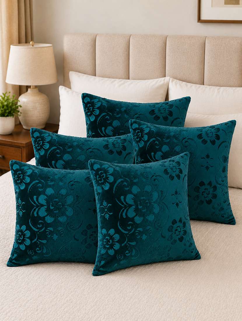 set of 5 decorative throw pillow cover, floral embossed pattern, champagne gold, satin finish 16x16 inh