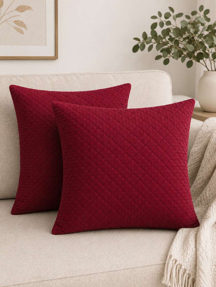 set of 2 quilted velvet decorative throw pillow cover, burgundy, diamond pattern 16x16inh