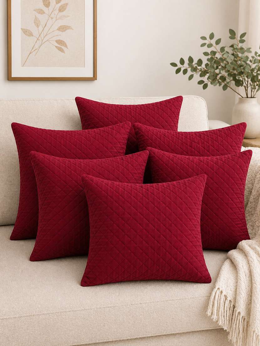 set of 5 quilted velvet decorative throw pillow cover, burgundy, diamond pattern 16x16inh