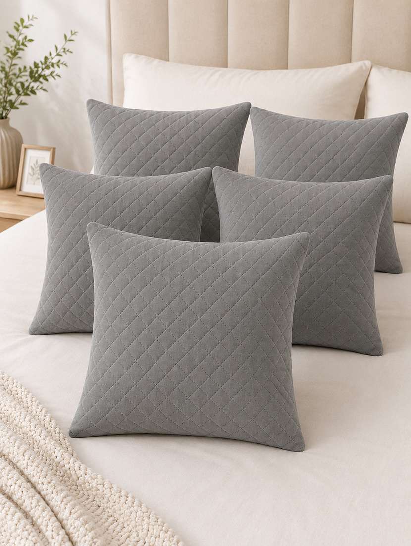 set of 5 quilted velvet decorative throw pillow cover, burgundy, diamond pattern 16x16inh