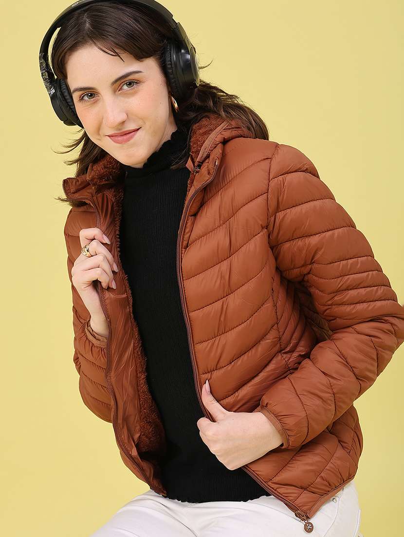 women solid long sleeves hooded puffer jacket