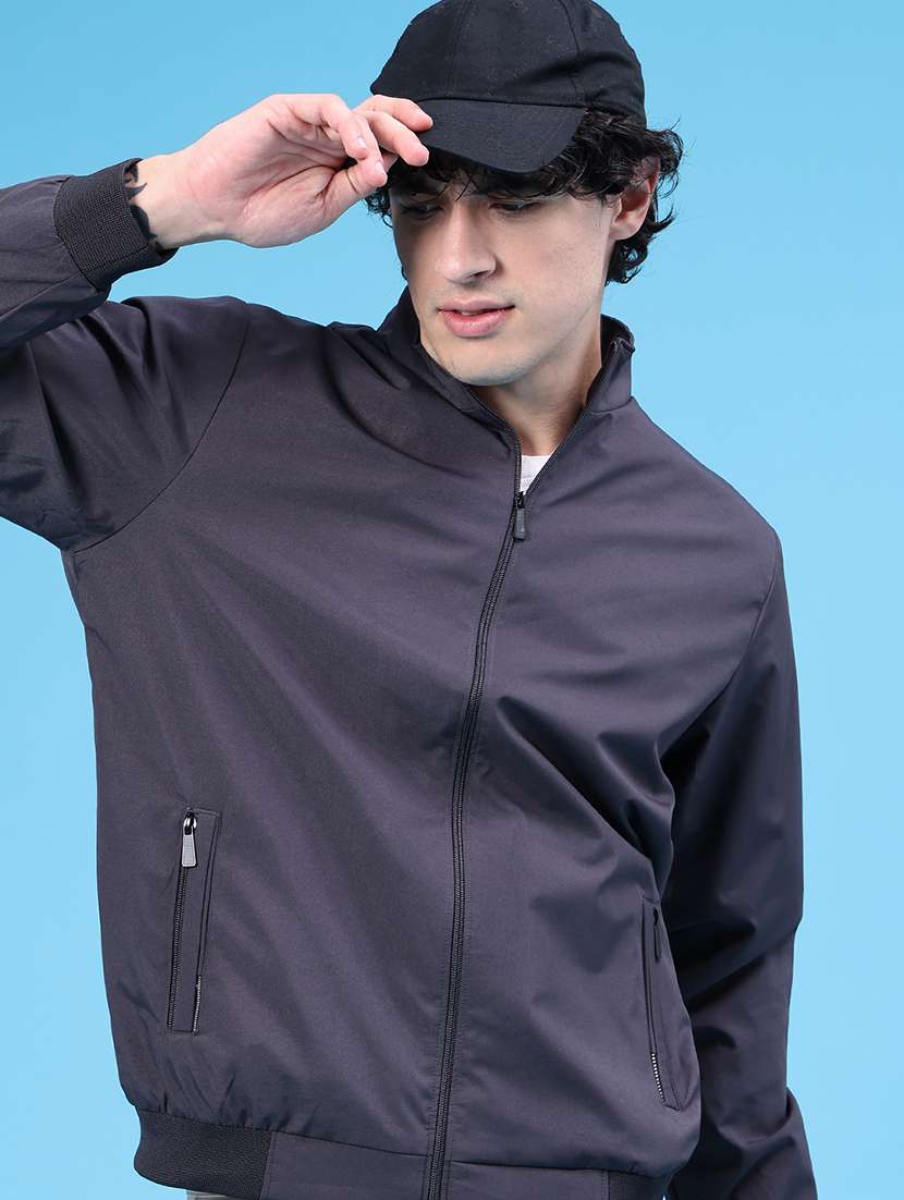 men solid long sleeve windcheater bomber jacket