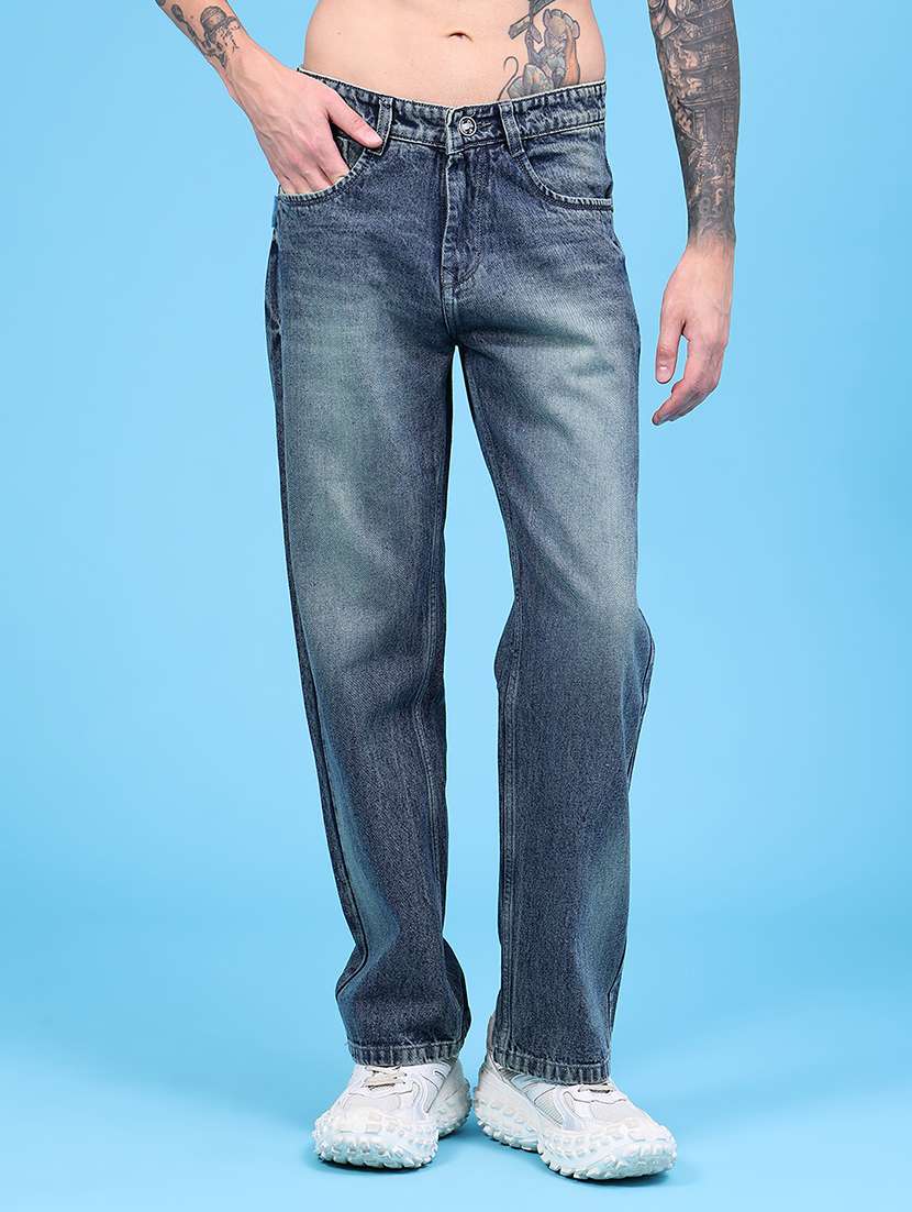 men washed mid rise full length straight jeans