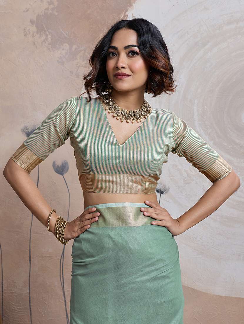 Women Solid With Bordered Saree With Blouse - 22592883 -  Standard Image - 5