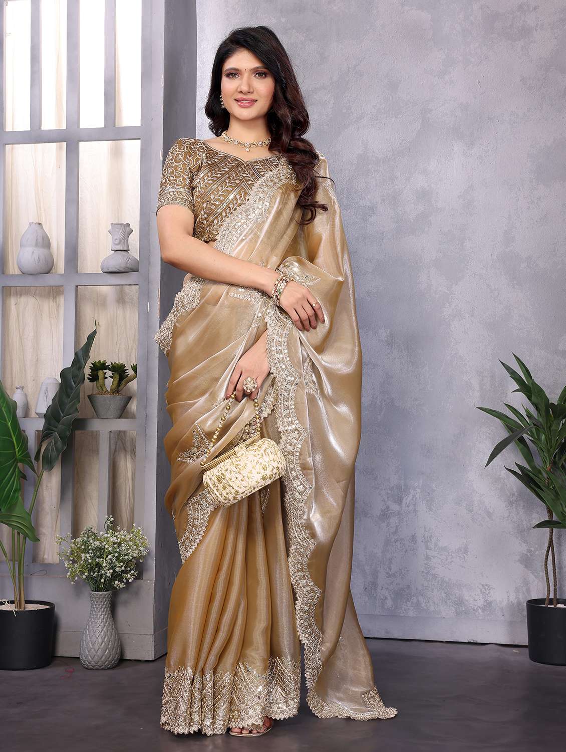 women solid with work embroidered saree with blouse