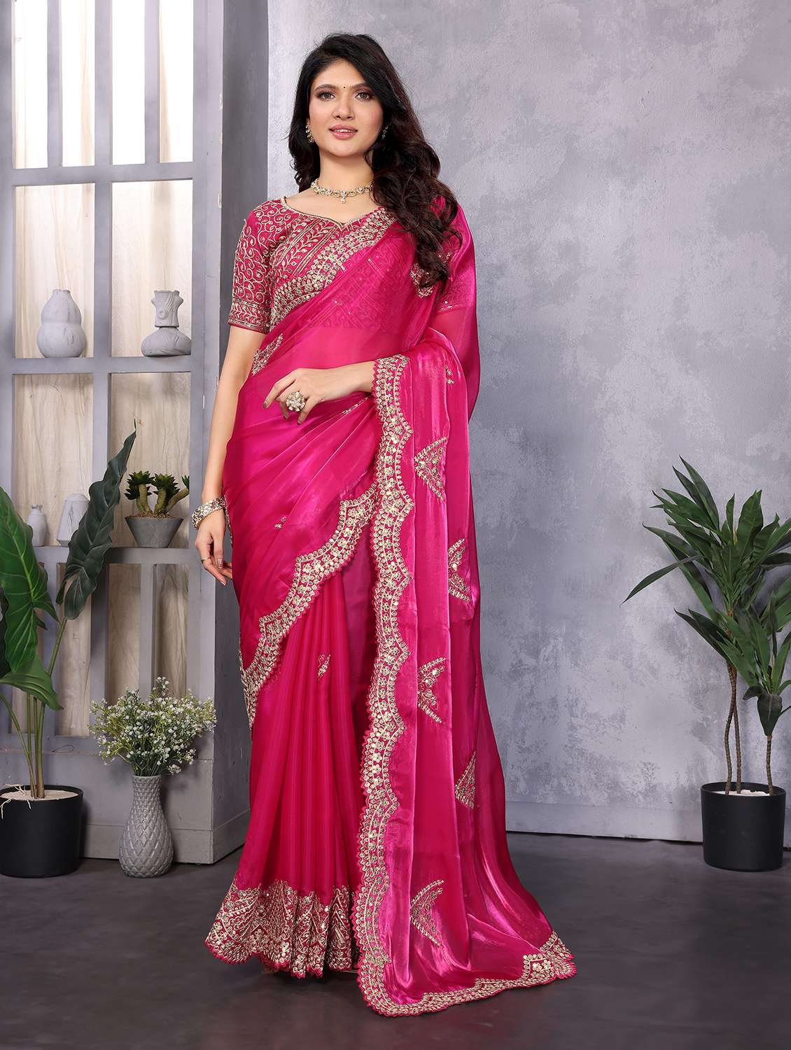 women solid with work embroidered saree with blouse