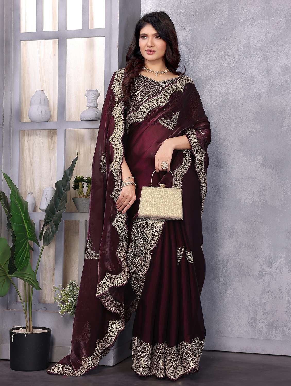 women solid with work embroidered saree with blouse