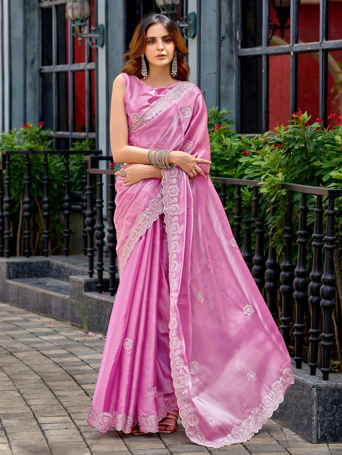 women solid with work embroidered saree with blouse