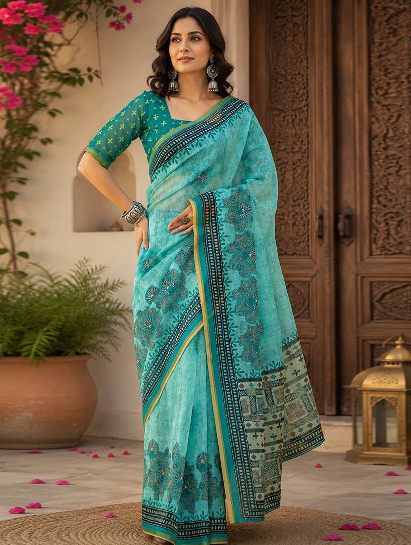 women printed casual wear saree with blouse