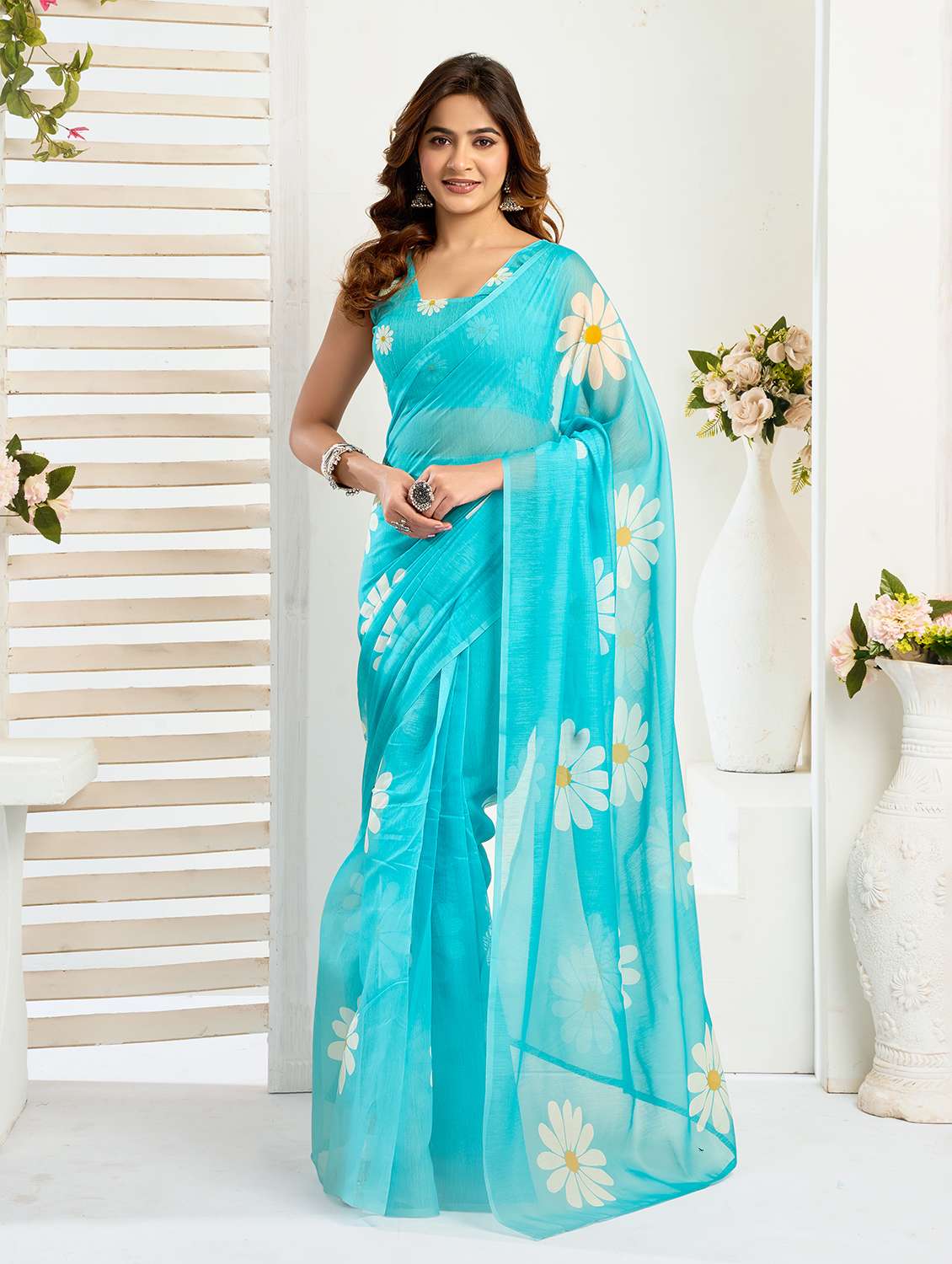 women printed ready to wear saree with blouse
