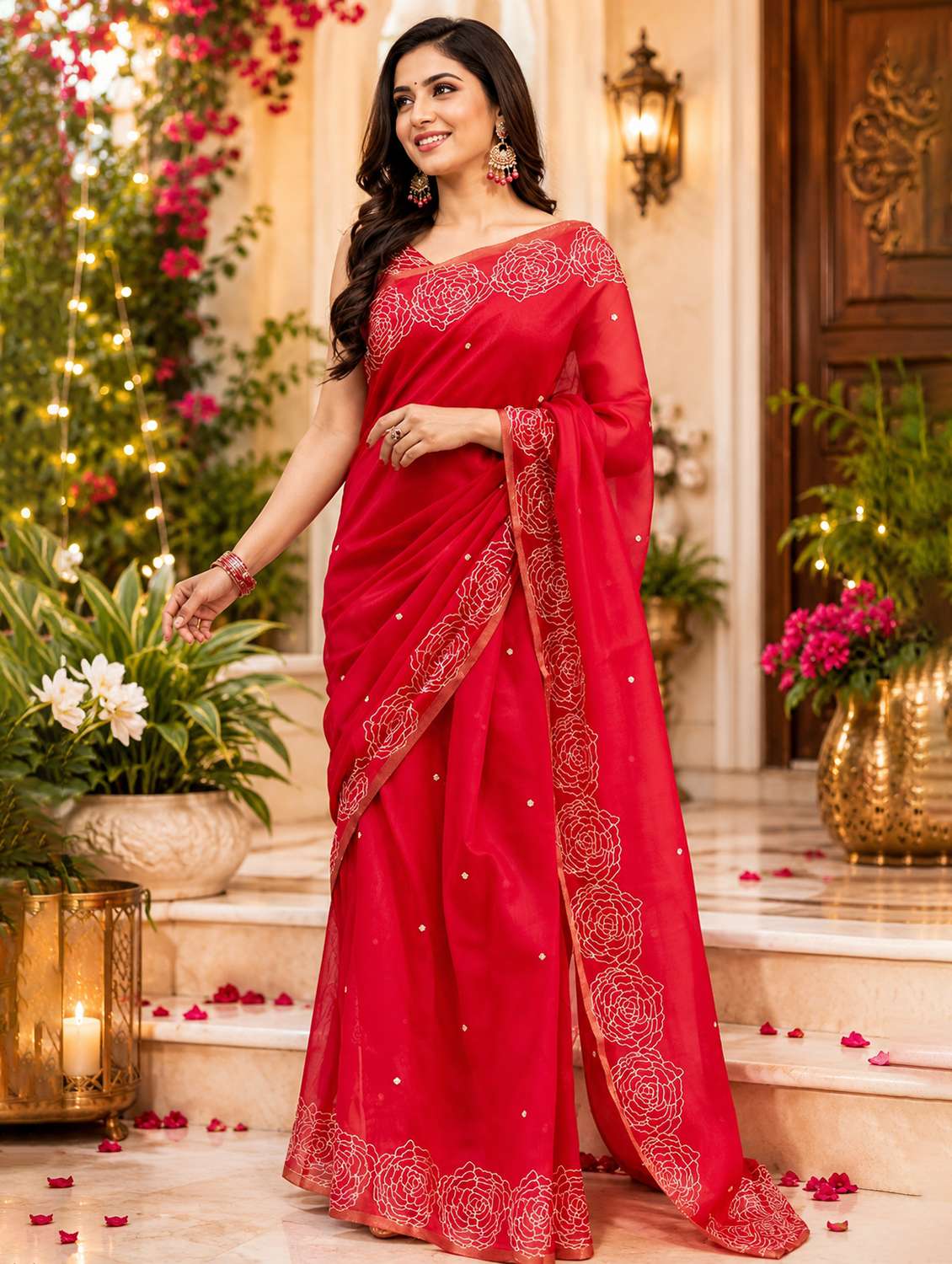 women printed ready to wear saree with blouse