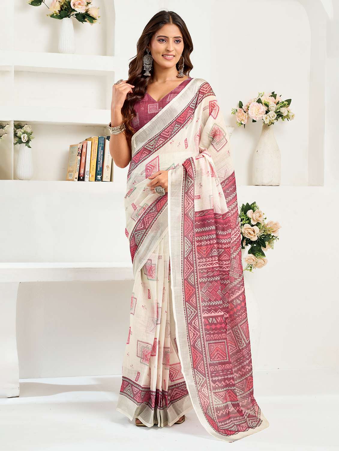 women printed ready to wear saree with blouse
